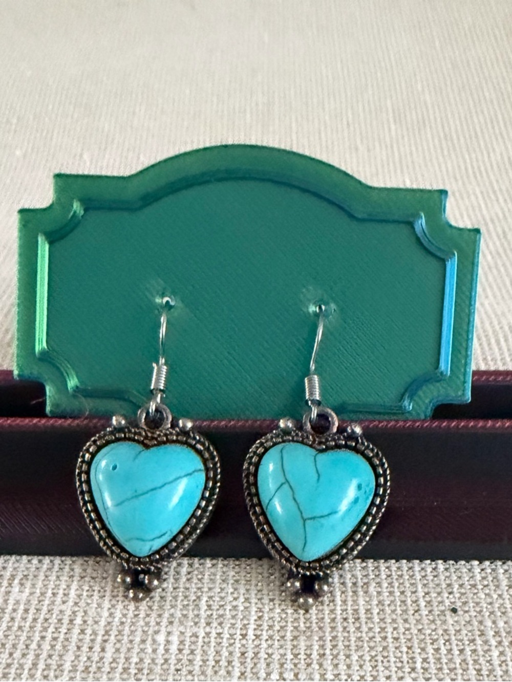 Two Pair Turquoise Heart Drop Earrings - Blue Heart Dangle Earrings - Picture 4 of 7